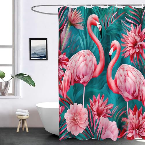 FABTOP Flamingo Duschvorhang 180x180, Flamingo Duschvorhänge Pink 180x200 Textil 120x200 Rosa Flamingo Tropische Blätter Duschvorhänge Flamingo Shower Curtains (2,120 x 200 cm)