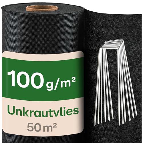 Praknu Unkrautvlies 100g/m2 Extra Stark - 50m2 - Unkrautfolie mit 24 Erdankern - Wasserdurchlässig & Reißfest - UV Stabil