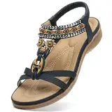 Littleplum Sandalen Damen Freizeit Flach Sandalette mit Strass Perlen Bohemia Strand Schuhe Casual Ankle Elastic Flip Flops,A Schwarz 39 EU