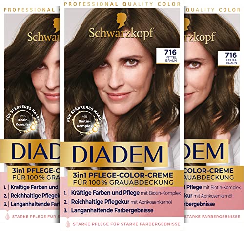Schwarzkopf Diadem 3 in 1 Pflege-Color-Creme 716 Mittel Braun (3 x 170 ml), permanente Haarfarbe, Haarpflege-Formel für gesund aussehende Ergebnisse, 100 % Grauabdeckung