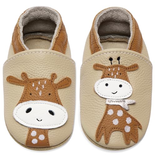 IceUnicorn Krabbelschuhe Baby Jungen Mädchen Lauflernschuhe Baby Weicher Leder Babyhausschuhe Kleinkind Babyschuhe(Beige AB Giraffe, 6-12 Monate)