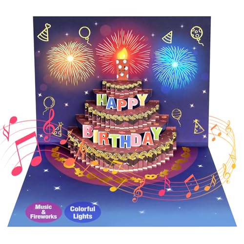 Geburtstagskarte mit Musik, Pop up Musikalische Geburtstagskarte mit Feuerwerk Licht und Blowable LED Kerze, Lustige Happy Birthday karte, Geburtstagsgeschenk für Frauen Männer Mama Mädchen (Lila)