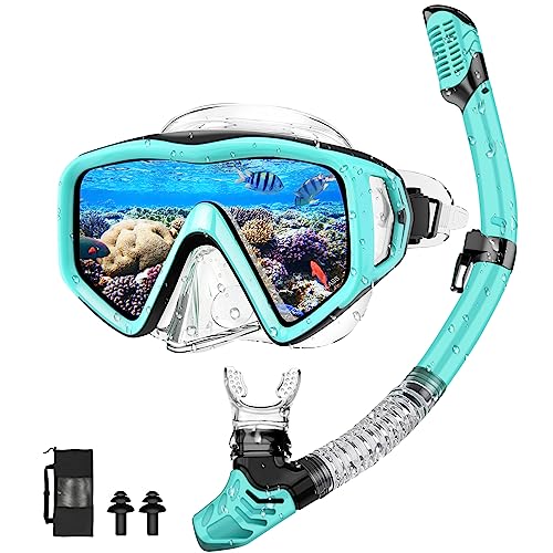Schnorcheln Set Erwachsene, Schnorchelset mit Taucherbrille und Trocken Schnorchel, Wasserdicht Anti-Fog/Anti-Leck Schnorchelmaske aus Gehärtetem Glas zum Schnorcheln, Schwimmen und Tauchen