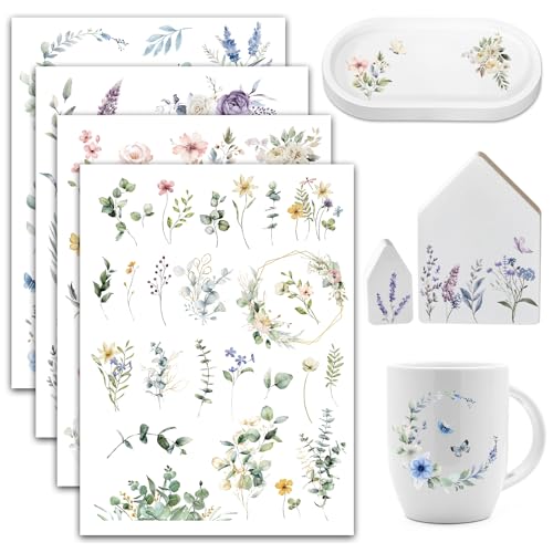 BOOMTOP 4 Blatt Rub On Sticker Blumen Transferaufkleber Selbstklebend Frühling Eukalyptus Blätter Pflanzen Aufkleber Rub On Folie Blume Schmetterling Rub Ons Flowers für Glas Holz Möbel Keramik