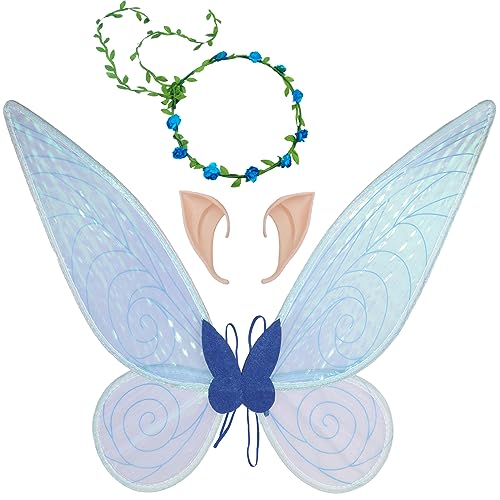 Feenflügel Schmetterlingsflügel mit Elfenohren Blumenkranz Erwachsene Flügel Kostüm Kinder Prinzessinnenflügel Damen Mädchen Flügel Kostüm Wings für Weihnachts Karneval Geburtstags Cosplay Party