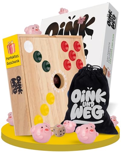 Spielario® OINK und Weg | Schweinchen Spiel Holz | Das lustige Familienspiel für zwischendurch | Pig Hole Schweinchenspiel | Mehr Spannung durch taktisches Würfeln | Schweine Spiel als Geschenk