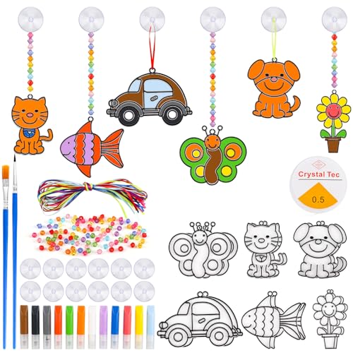 12 Stück Suncatcher Bastelset für Kinder, Sonnenfänger Basteln Kinder mit 12 Pigment, 12 Saugnapf Haken, Bastelset Kinder 4 Jahre, Kreative Kunsthandwerk Suncatcher Fensterdeko für Mädchen Jungen