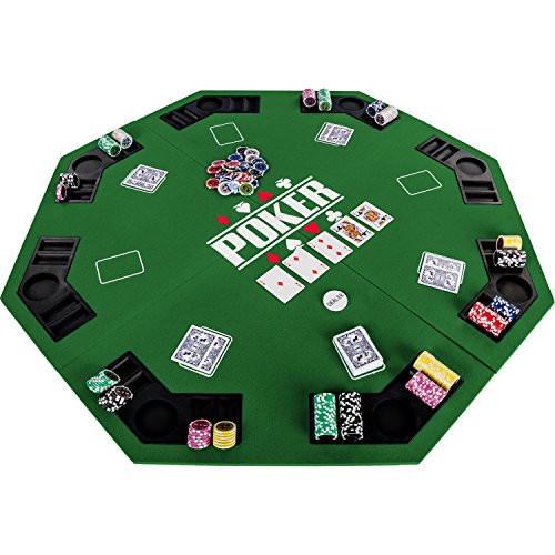 GAMES PLANET Faltbare Pokerauflage „Full House“ für bis zu 8 Spieler, achteckig, Maße 120x120 cm, MDF Platte, 8 Getränkehalter, 8 Chiptrays, grün