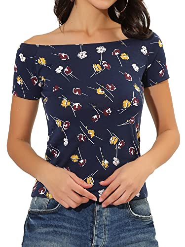 Allegra K Damen Kurzarm Schulterfrei Geschnittenes Elegant Party Top Bluse Navy blau XL