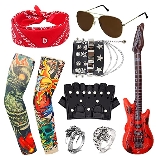 HEAWAA 11Pcs Rock Accessoires, 60er/70er/80er Jahre Kostümzubehör mit Fake Tattoos Ärmel Kapuzen Handschuhe Armbänder Ringe Aufblasbare Gitarren Sonnenbrille für Karneval Fasching Party