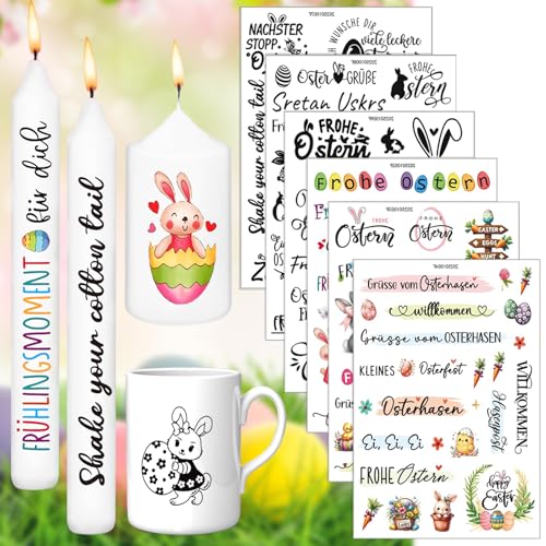 6 Stück Kerzentattoo Ostern Osterhase Kerzensticker Ostern Kerzen Tattoofolie Easter Kerzen Sprüche Tattoofolie Ostern Kerzen Wasserschiebefolie Für Kerzendekoration zu Ostern DIY