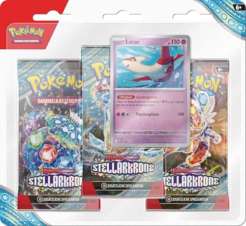 Pokémon-Sammelkartenspiel: 3er-Pack-Blister Karmesin & Purpur – Stellarkrone: Latias (3 Boosterpacks & 1 holografische Promokarte)