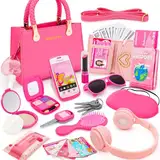 Kleinkind Mädchen Handtasche mit Accessoires - Falsches Make-up-Spielzeug für Kinder, Kopfhörer, Geldbörse, Telefon, Sonnenbrille, Schlüssel, Kreditkarten, Geschenk für Mädchen 3+