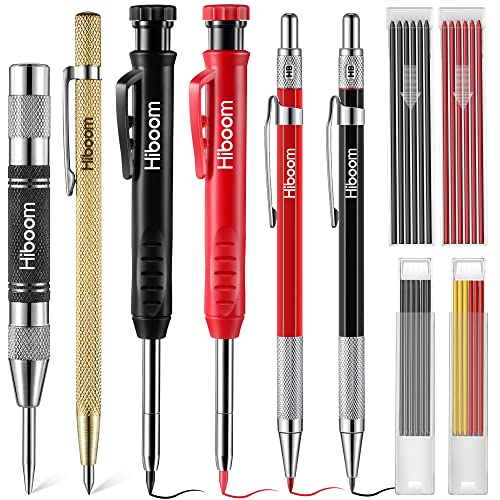 Hiboom 10er Pack Tischler Schreiber Markierung Set, 4 Bunte Solide Zimmermannsbleistifte mit Spitzer und 36 Minen, Automatischer Körner, Hartmetall Anreißwerkzeug Kit für Holzbearbeitung am Bau