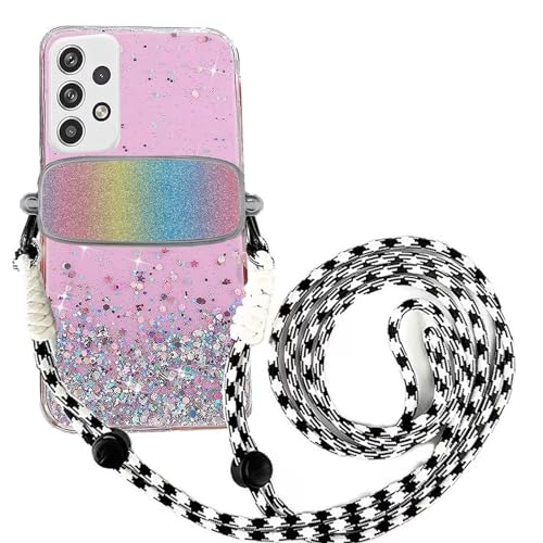 Tivenfezk Nadoli für Samsung Galaxy A53 5G Glitzer Handykette Hülle,Silikon Bling Durchsichtig Crossbody Tasche zum Umhängen Schutzhülle mit Telefon Clip Halter Band