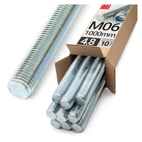 Lun Fix Gewindestange M6 x 1000 mm, 10 Stück Festigkeitsklasse 4.8 DIN 975 verzinkter Stahl, Karbonstahl Gewindestab mit metrischem Vollgewinde Metrisch Gewindestift nach Normen Länge 1 m.