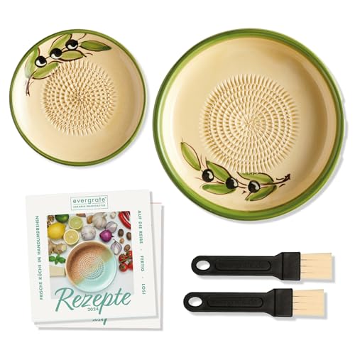 evergrate Geniales Duo: Tellerreibe + Dipschale Motiv Olivia mit 2 Küchenpinsel und 2 Rezepthefte