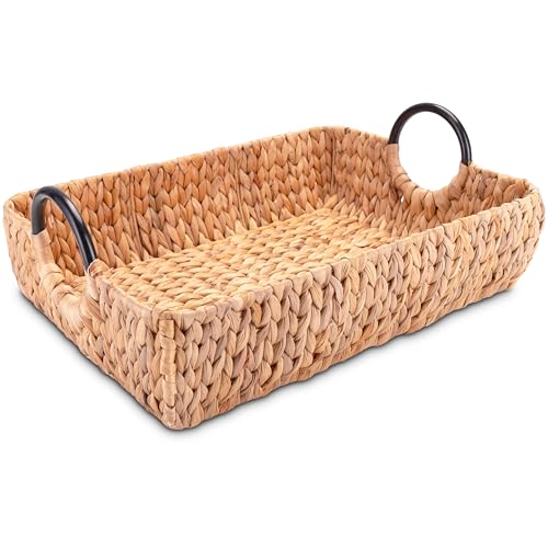 Decorasian Serviertablett geflochten aus Wasserhyazinthe – Deko Tablett rechteckig mit Griffen - Natur Holztablett als Frühstückstablett oder Hockertablett - 50 x 35 x 12cm