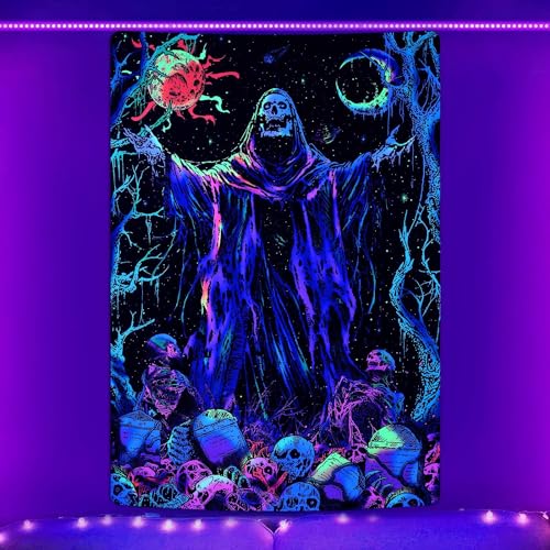 Alishomtll Schwarzes Wandteppich, Licht UV Schädel Sonne und Mond Wandtuch Wald Wandbehang Fluoreszierende Wandteppiche Gothic Aesthetic Skelett Wandteppich,Schlafzimmer Wohnzimmer 150x130cm