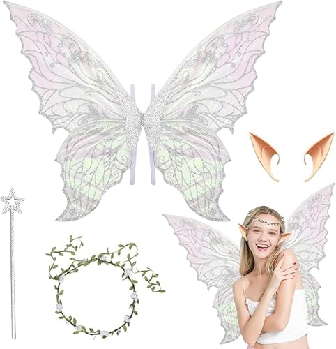 weiclianhp Feenflügel Kinder, Feen Kostüm Damen, Feenflügel Erwachsene, Feenflügel Erwachsene für Geeignet Fasching Karneval Geburtstag Cosplay Party Halloween Weihnachten Rollenspiele(Weiss)