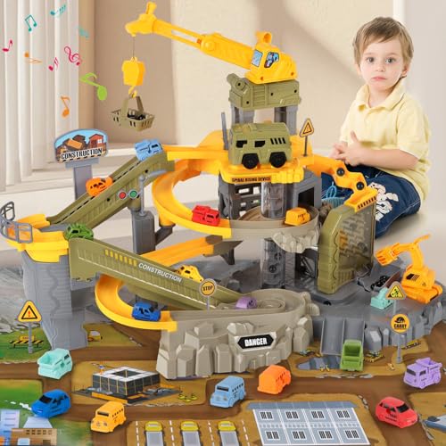 Charmofun Auto Rennbahn für Kinder, Parkgarage Spielzeug mit 10 Autos Bagger Kran Transport LKW, Baustellenfahrzeuge Parkhaus Auto Raceway Set Konstruktion Truck Geschenk für Jungen