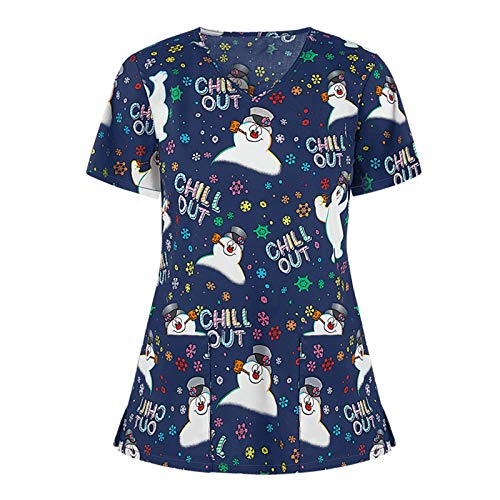 OUMSHBI Pflegekleidung Damen Kasack Weihnachts Kurzärm V-Neck Weihnachts Drucken Medizinische Kleidung Mit Zwei Taschen Bequeme Baggy Nurse Laborkittel Uniformen Schlupfkasack Altenpflege Baumwolle