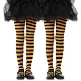 MANZI Gestreift Strumpfhose für Mädchen Semi-Blickdichte Kinder Strumpfhosen für Weihnachten Halloween,2 Paar,8-10Jahre,Orange Schwarz