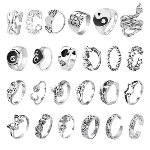 DAZZLUXE 24 Stück Vintage-Ringe, Silberring-Set, Verstellbare Unisex-Ringe, Punk, Gothic, Schlangen und Coole Stapelringe