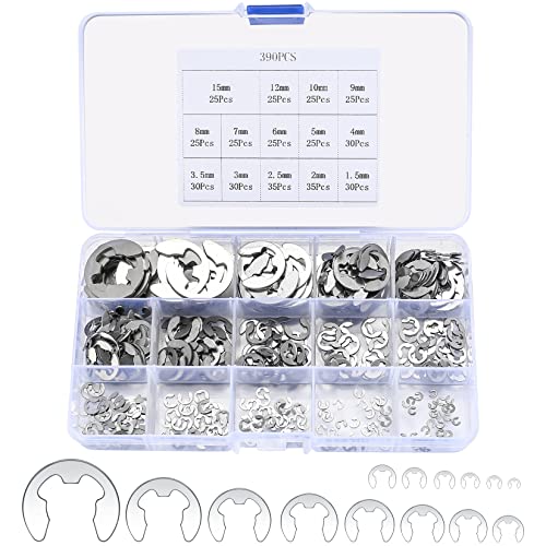XxinXrong390 Stück E-Clips Sicherungsringe Set, Edelstahl Sicherheitsringe, Sprengringe, 14 Größen Sicherungsringe Sortiment Kit für Befestigen von Lagern - 1,5/2/2,5/3/3,5/4/5/6/7/8/9/10 /12/15mm