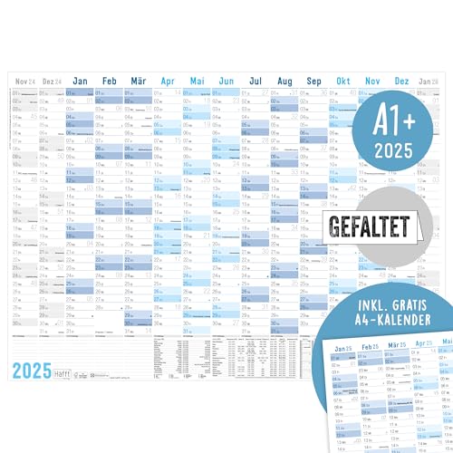 Häfft® XXL Wandkalender 2025 groß A1+ (89 x 63 cm) "Blau" 15 Monate Nov 2024 - Jan 2026 + gratis A4-Jahresplaner, Wandplaner Jahreskalender gefalzt - nachhaltig & klimafreundlich