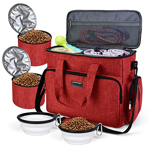 BAGLHER Hundetasche, Haustier-Reisetasche (alle Haustier-Reisebedarf), mit 2 Haustierfutterbehältern und 2 faltbaren Silikonnäpfen; unverzichtbare Kits für Haustierreisen, Rot