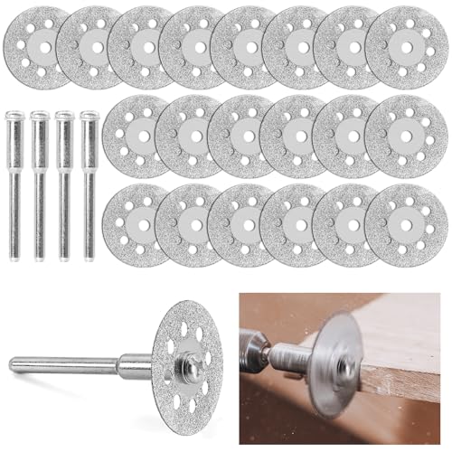 Diamant Trennscheibe, 20Pcs Sägeblatt, 22 mm Trennscheiben Set für Dremel Zubehoer, Diamantscheibe Mini Diamant Schneidscheibe mit 4 Stück 3 mm Dorn für Holz, Fliese, Glas, Stein (20)