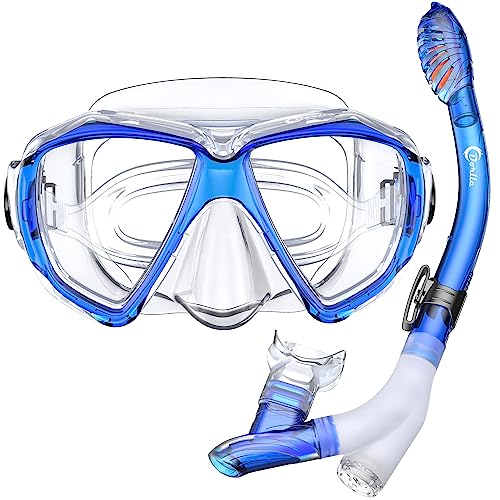 Dorlle Schnorchelset Schnorcheln Set mit Schnorchel und Taucherbrille，wasserdichte Tauchmaske Anti-Fog Anti-Leck aus Gehärtetem Glas，mit 3-Kanal Premium Dry Schnorchel für Erwachsene,Klar/blau