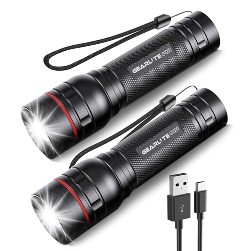 GEARLITE LED Mini Taschenlampe Aufladbar, 2000 Lumen LED Taschenlampe Extrem Hell mit 3 Modi, Zoombare Taschenlampe LED mit Langer Laufzeit, IP65 Wasserdicht Flashlight für Camping Outdoor (2 Stück)