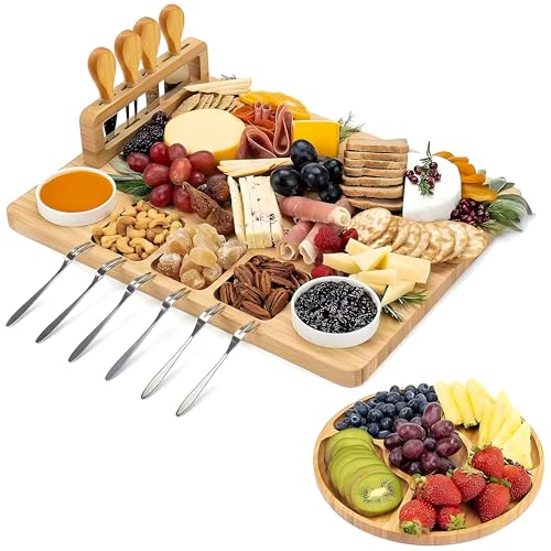 Kicinn Servierplatte aus Bambus – 35 x 28 cm Käseplatte Set mit 2 Dip-Schälchen, 4 Käsemessern, 6 Gabeln & runder Mini-Servierplatte – robust & nachhaltig, ideal für Käse & Snacks