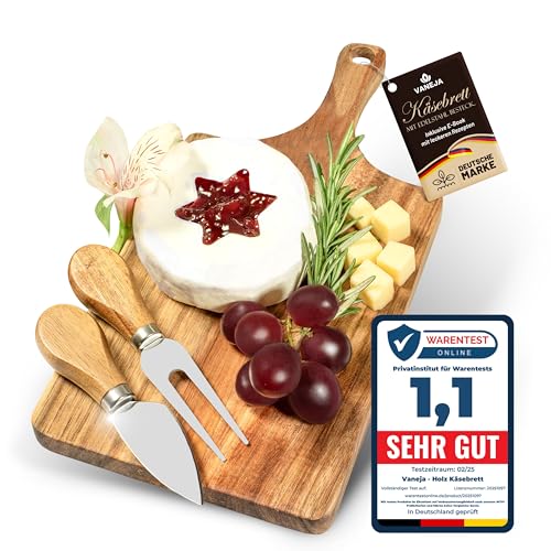 VANEJA Premium Käsebrett, Schneidebrett aus Holz, 28 x 14 x 1,6 cm, Käsebrett mit Messer Käseschaber Käseplatte aus Holz Holzplatte Käse Cheese Board Set Charcuterie Board inkl. kostenlosem e-Book