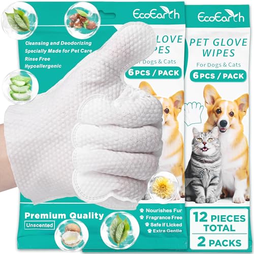 EcoEarth Pet Bathing Wipes for Dogs & Cats, Cleaning & Deodorizing Grooming Gloves, Nourish Fur Glove Wipes for Daily Care and Traveling, 12 PCS/Bag