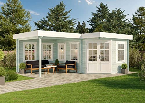 Alpholz 5-Eck Gartenhaus Pepe-28 aus Massiv-Holz | Gerätehaus mit 28 mm Wandstärke | Garten Holzhaus inklusive Montagematerial | Geräteschuppen 442 x 302 cm + 300 cm | Flachdach