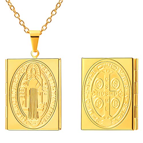 FaithHeart Vergoldet Damen Photo Bilder Amulett mit Anhänger Edelstahl Kette Unisex Talisman Schmuck St. Michael Benedikt Amulett Rechteckige für Frauen Damen
