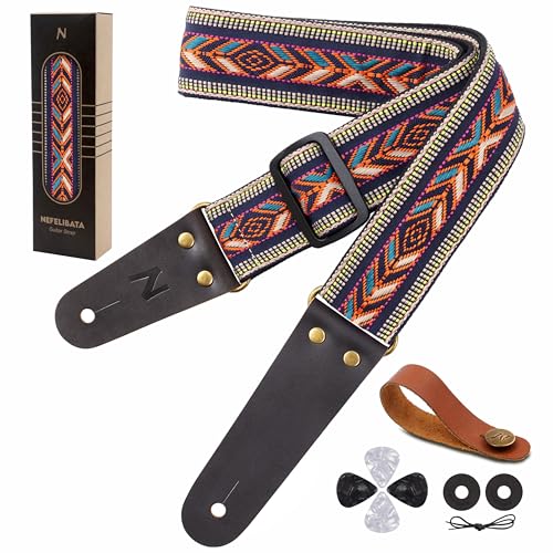 Nefelibata Gitarrengurt, echte Lederenden für Bass-, Elektro- und Akustikgitarren, mit kostenlosem Gurtknopf, 1 Paar Gurtschlössern und 4 Gitarrenplektren