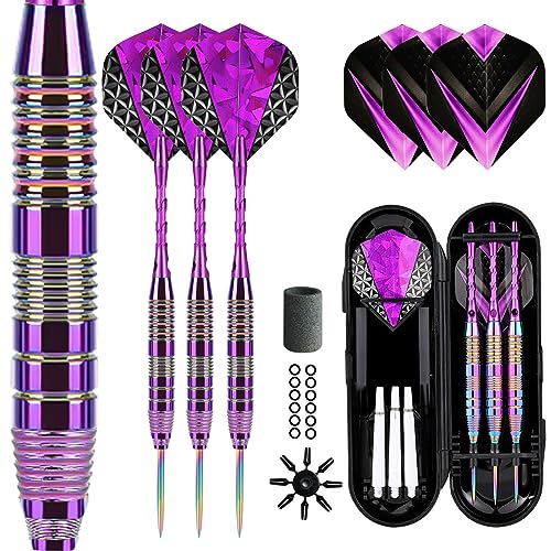 Dartpfeile mit Metallspitze 22 Gramm(Der ganze Pfeil), Profi Steeldarts mit Metallspitze Steeldarts Set Steel Darts Pfeile Set Stahl Spitze Darts Set 3 Aluminium Schaft + Extra 3 Dart-Flüge (purple-2)