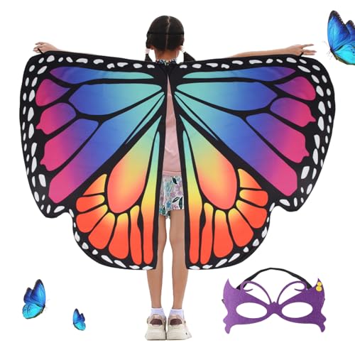 BETESSIN Schmetterling Umhang Kostüm Mädchen mit Maske Schmetterlingsflügel Kinder mit Strassdruck Halsband Faschingskostüm Schmetterling Cape Poncho Halloween Fasching Party Cosplay Groß Bunt