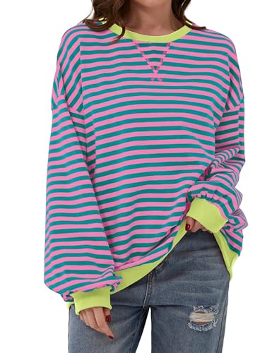 Timuspo Damen Pullover Oversize Gestreiftes Pinker Sweater Loose Fit Casual Ohne Kapuze Dünne Sweatshirt Lang Y2k Herbst Shirt Rosa M