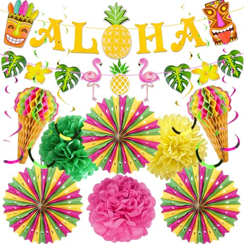 YBwanli hawaii party deko,deko gartenparty,beach/poolparty /flamingo deko,hawaii deko party Aloha Thema deko,tiki bar/cocktailbar deko,16 Stück Tropical Summer Beach garten party deko