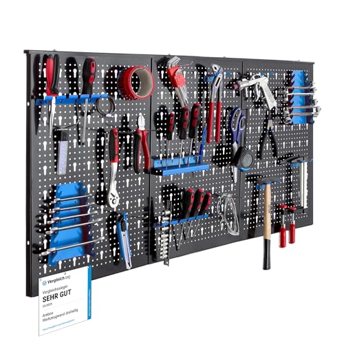Arebos Werkzeugwand 3-teilige Lochwand Werkstatt | 17-teiliges Hakenset & Halterungen | 117,6 x 59,5 x 2 cm | Werkzeuglochwand aus Metall für Werkstatteinrichtung inkl. Montagematerial | Blau