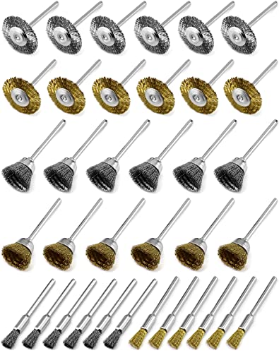 QWORK® 36 Stück Drahtbürste, Messingbürsten Stahldraht Bürste für Reinigungs- und Schleifarbeiten, Kompatibel mit 1/8"(3 mm) Griff Dremel Rotationswerkzeug