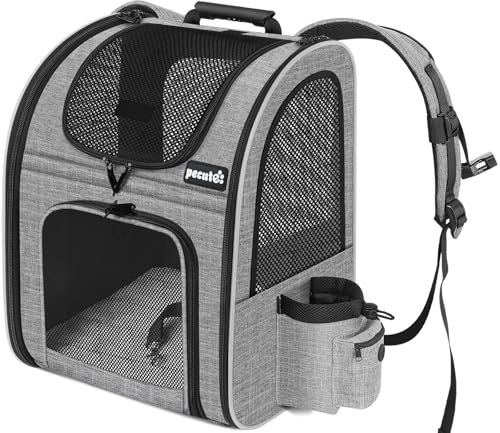 pecute Haustier Rucksack mit Netzfenster, Tragbare und Faltbare Katzentasche, Atmungsaktive und Leichte Hundetasche, Wasserdichtes Oxford-Tuch mit viel Platz, Multifunktionales Rutschfestes Grau 6kg