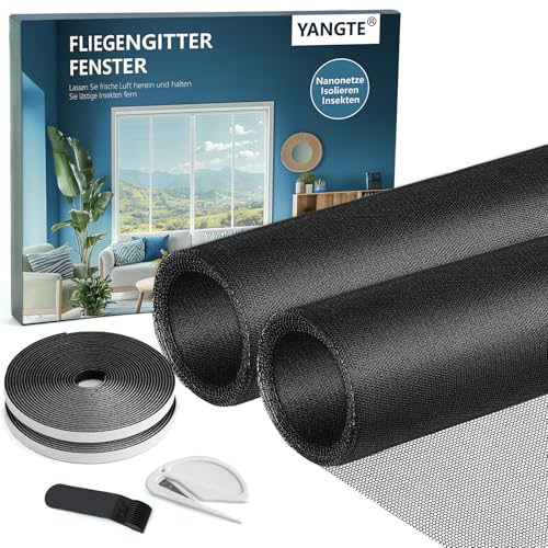 YANGTE Fliegengitter Fenster 130x150 cm, Fliegengitter für Fenster Schwarz 2er-Pack, Insektenschutz Fenster ohne Bohren, Moskitonetz Fenster mit Klettverschluss und Schneidwerkzeug