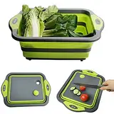 【Upgrade】D L D Collapsible Cutting Board with Colander Containers, Foldable Food Grade Silicone Dish Tub Chopping Board, Washing Basin Draining Basket Strainer for Home Kitchen Camping Picnic BBQ