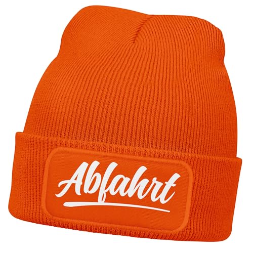 MoonWorks® Herren Beanie mit Patch Strickmütze mit Spruch Aufdruck Abfahrt Lustig Mütze Männer Orange Unisize